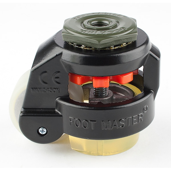 Leveling Caster, 50 mm Polyurethane Wheel, 1/2-13 Stem, Swivel, 280 kg Cap, PU Foot Pad, Black